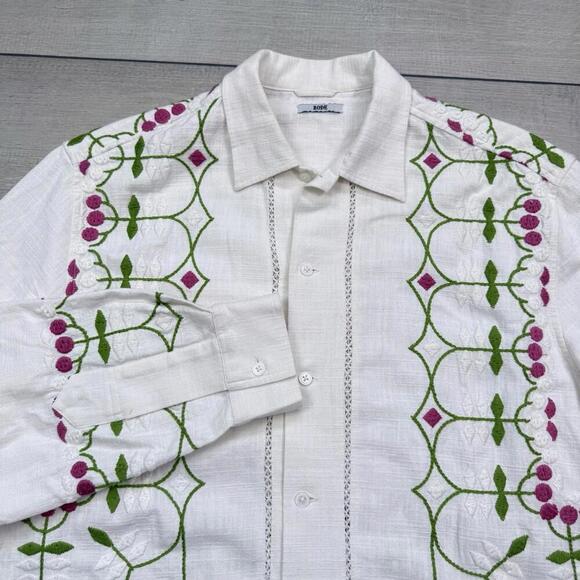 BODE Mens White Embroidered Nouveau Fleur Shirt Size L/XL plain-woven linen Boho - Picture 3 of 15